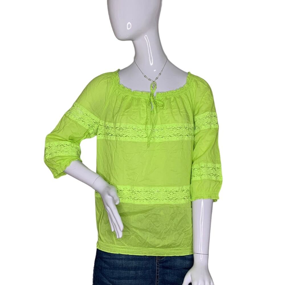 Old Navy NWT Blouse 3/4 Sleeve Tie on Neck Lemon Green Elastic on Hem Size S